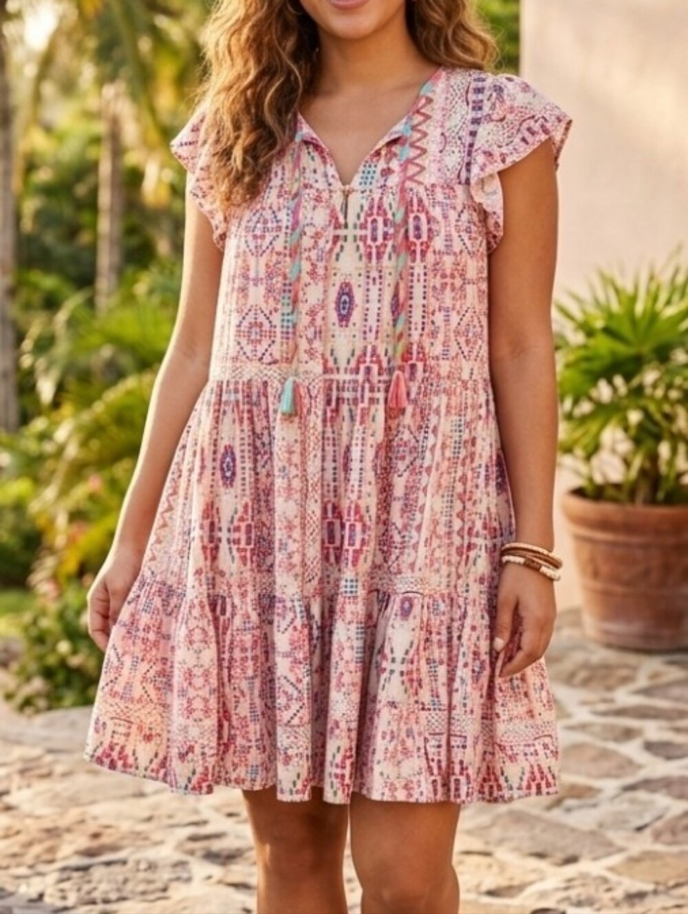 Haptics Brand.. Boho Pink Printed Ruffle Sleeve Mini Dress